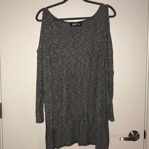 Grey ribbed cold shoulder high low sweater